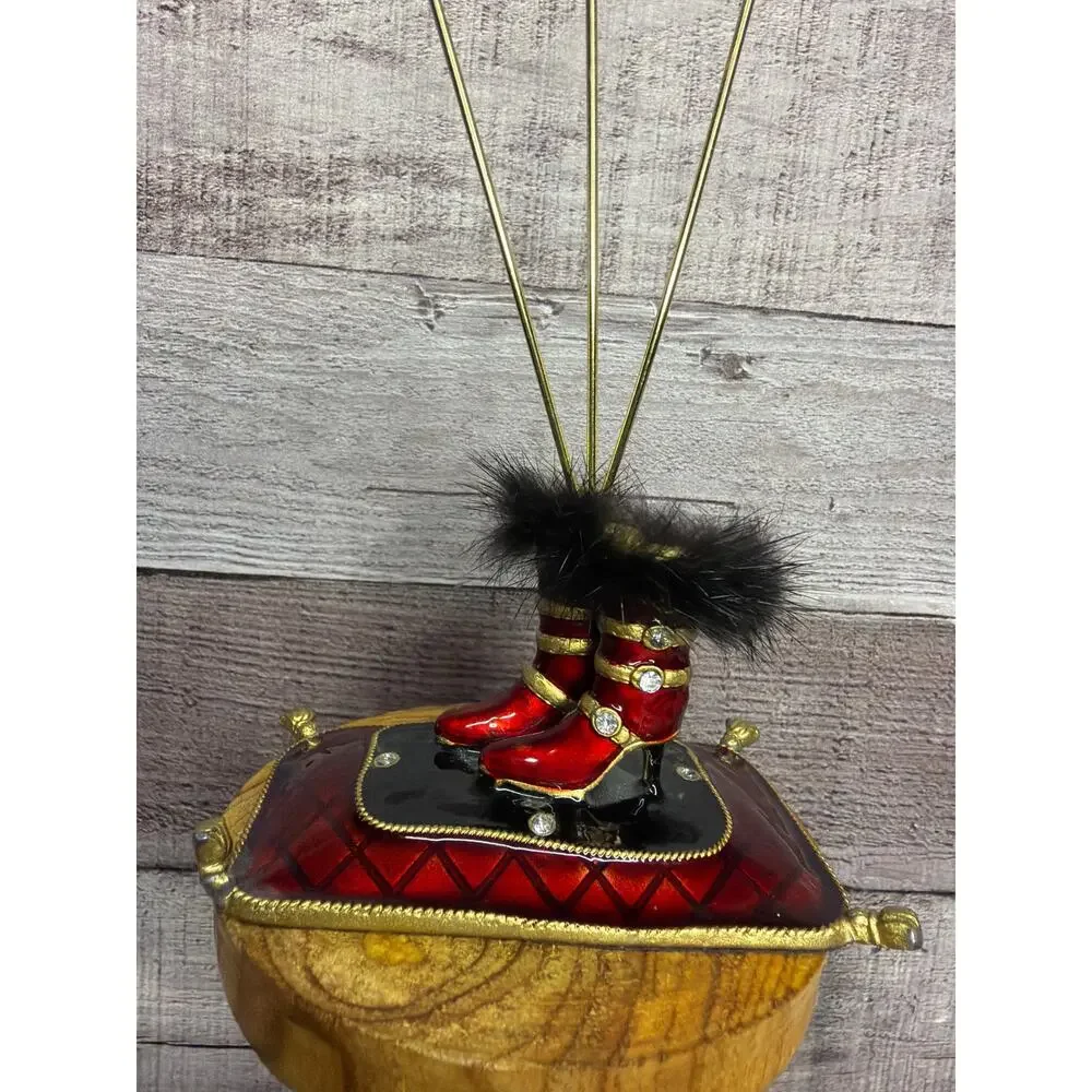 Vintage Enamel Cloisonné Gold Red Fur Boots Photo Card Holder Christmas Oz Gift